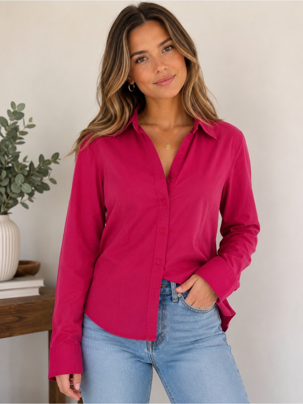 Pink Button Up Shirt Women’s 10P Cotton Blend Career Office Classic Top